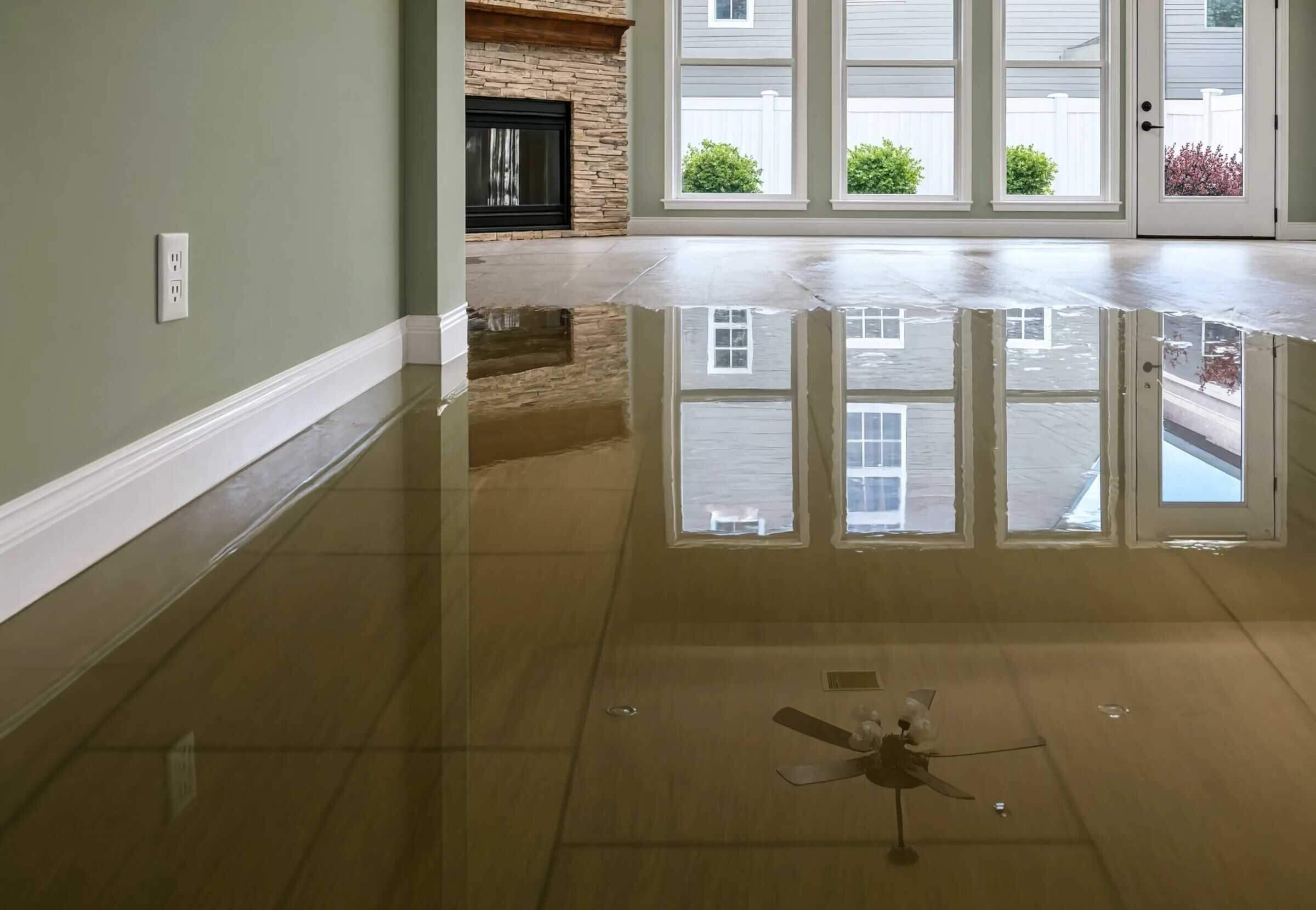 Standing water across the tile floor of an Austin-area home after an indoor flood